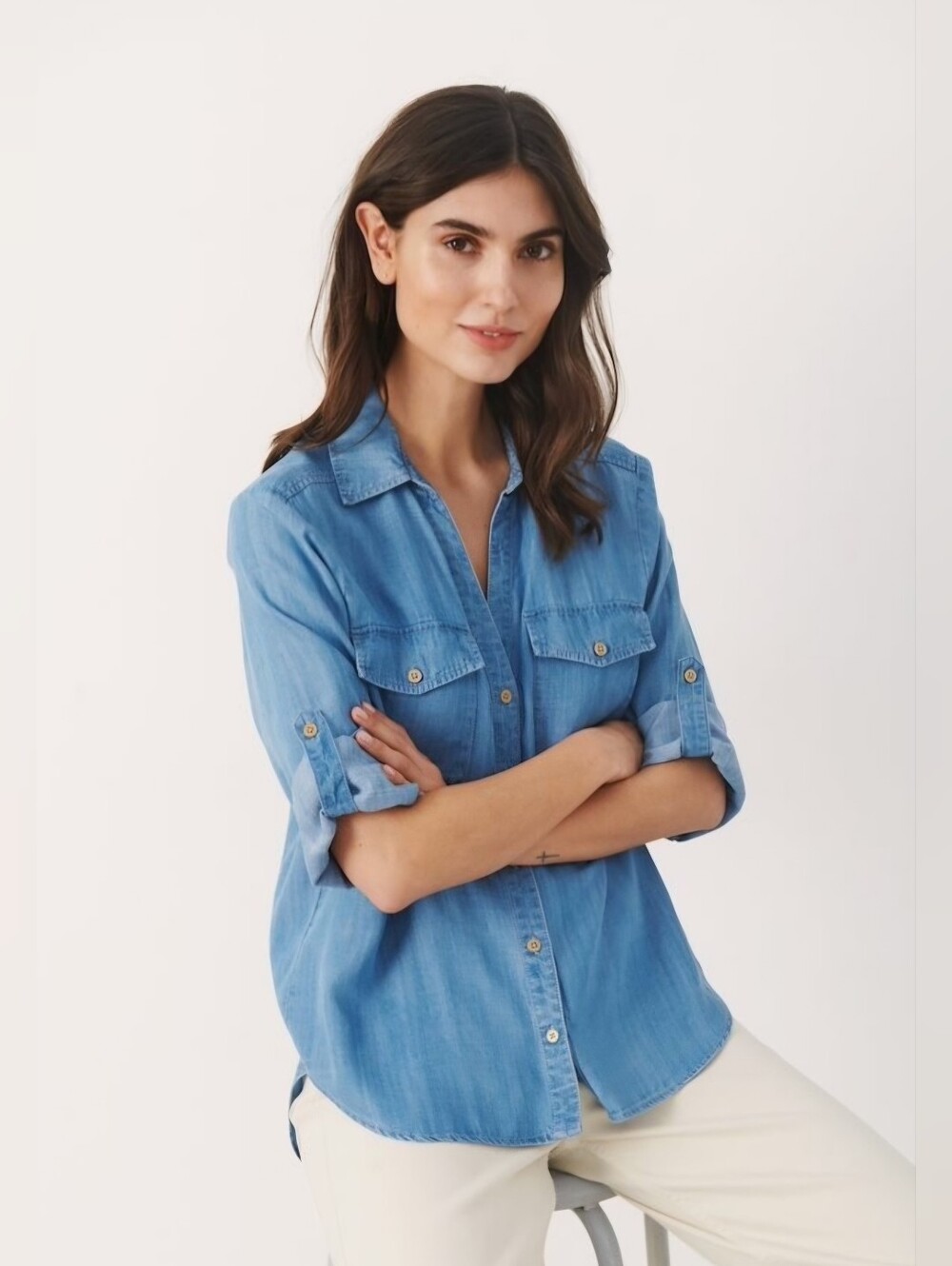PART TWO Copenhagen Corrie Blue Lyocell Denim Button-Front Top / Shirt. Medium.